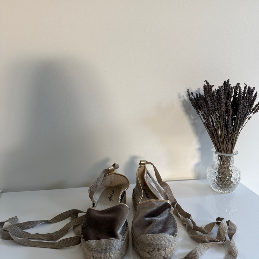 Beige Espadrille Flats with Ankle Ties